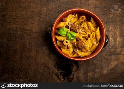 Freshly homemade goulash with italian penne pasta in terracotta bowl on old rustic wooden table.