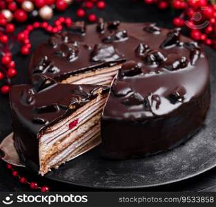 Freshly made delicious chocolate cake on marble table