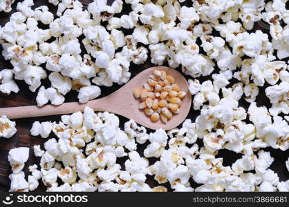 Freshly made popcorn on a wooden table