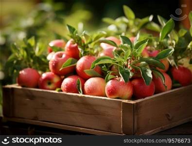 freshly picked apple in basket. wooden box with vegetables in field. Fresh Organic Vegetables from local producers.
