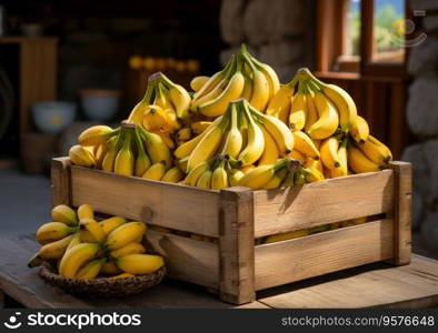 freshly picked Banana in basket. wooden box with vegetables in field. Fresh Organic Vegetables