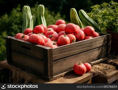 freshly picked Fruit in basket. wooden box with vegetables in field. Fresh Organic Vegetables.