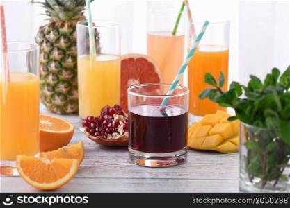 Freshly prepared citrus juices from orange, grapefruit, pomegranate, pineapple, mango.