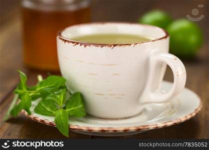 Freshly prepared mint tea out of fresh leaves served in a cup with leaves on the side and honey and lime in the back (Selective Focus, Focus on the front rim of the cup and the tip of the mint leaf)