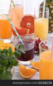 Freshly prepared pomegranate juice, among the juices of orange, grapefruit, pineapple, mango.