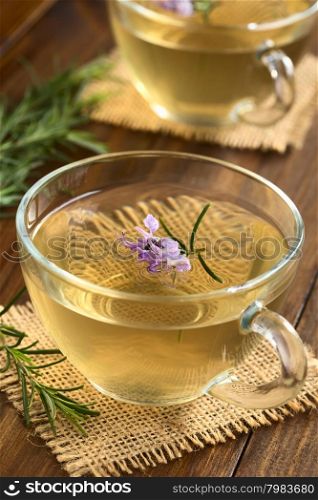 Freshly prepared rosemary herbal tea in glass cups, garnished with rosemary flowers, photographed on dark wood with natural light (Selective Focus, Focus on the first flowers)