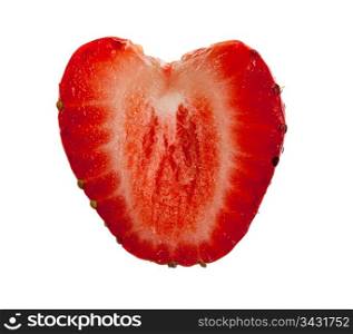 Freshly sliced strawberry in shape of heart isolated against white