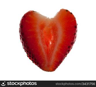 Freshly sliced strawberry in shape of heart isolated against white