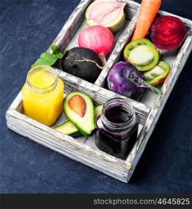 Freshly squeezed vegetable juice. healthy dietary juice from fresh vegetables and fruit