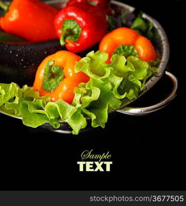 Freshly washed fresh vegetables in a metal colander isolated over black background.