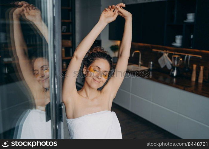 Freshness and relaxation. Pure skin after shower. Attractive young hispanic lady wrapped in towel after bathing enjoying evening at home or hotel room. Spa resort, daily care and beauty routine.. Freshness and relaxation. Attractive hispanic lady wrapped in towel after bathing at spa resort.