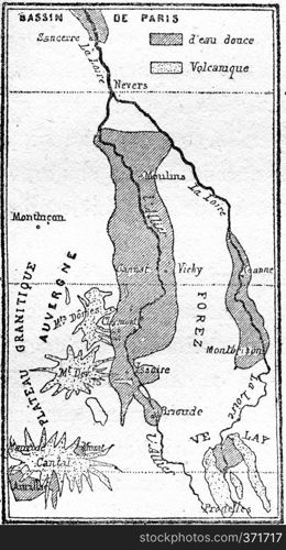 Freshwater lakes from central France to the Miocene period, vintage engraved illustration. From Natural Creation and Living Beings. 