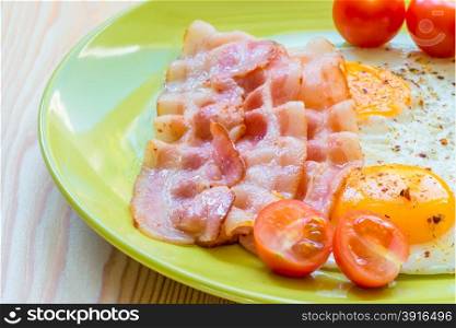 fried bacon and eggs on a plate