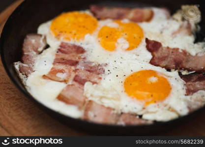 Fried bacon and eggs on the pan - rusty breakfast