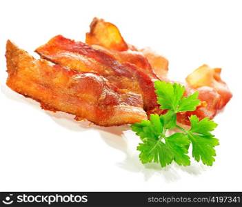 fried bacon, close up on white background