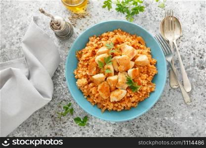 Fried cabbage, bulgur and chicken breast