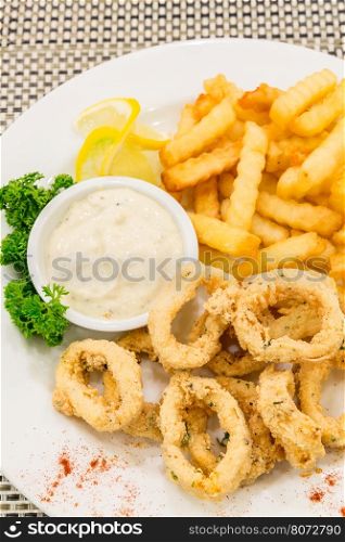 fried calamari, fried squid with tartare sauce