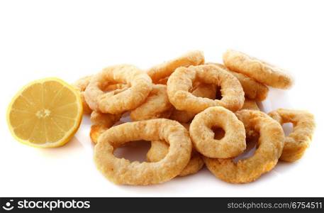 fried calamari in front of white background