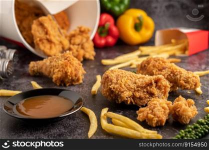 Fried Chicken and French Fries on Black Cement Floor.