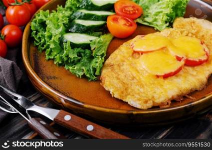 Fried chicken chop in cheese with tomatoes