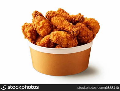 Fried chicken crunchy snack in takeaway bucket on white background.AI Generative