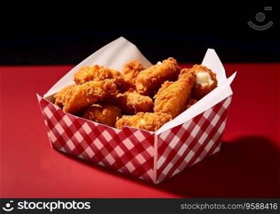 Fried chicken crunchy snack takeaway box on red backgrpund.AI Generative