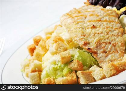 Fried chicken fillet with cheese and vegetables. salad