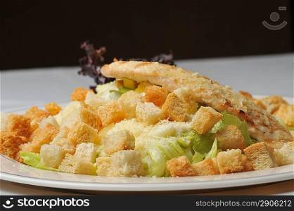 Fried chicken fillet with cheese and vegetables. salad