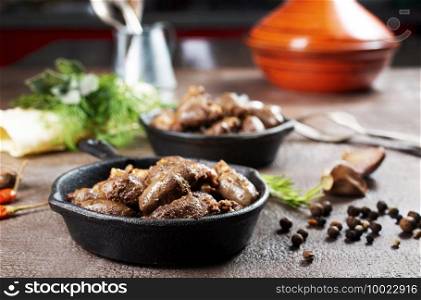 fried chicken hearts in pan, fried hearts with salt and spice