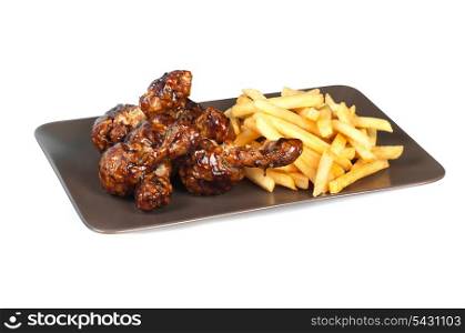Fried chicken leg with french fries on white background