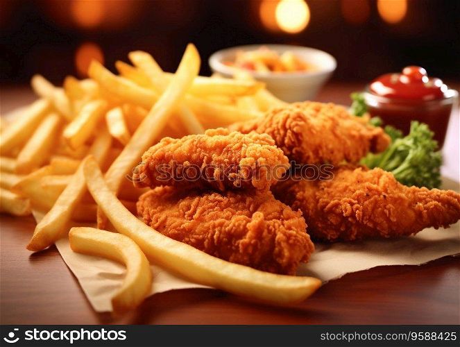 Fried chicken meal with french fries and sauce on fast food restaurant table.AI Generative
