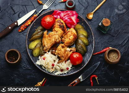 Fried chicken pieces garnished with salted spicy vegetables. Flat lay.. Roasted chicken meat and marinated vegetables