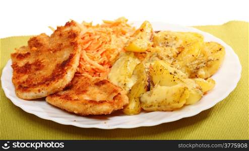 Fried chicken roasted potatos with cheese and vegetables carrot salad on white
