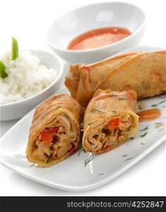 Fried Chicken Rolls With Rice And Sauce