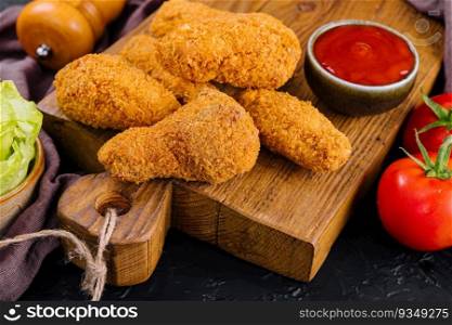 Fried chicken with ketchup on a wooden board