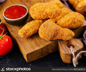 Fried chicken with ketchup on a wooden board
