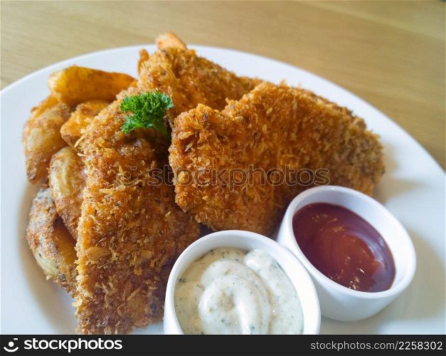 Fried chickens with dips on wooden table 