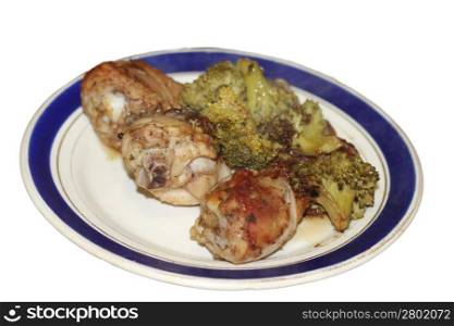 Fried chiken and cabbage broccoli on the plate