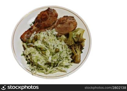 Fried chiken and cabbage on the plate