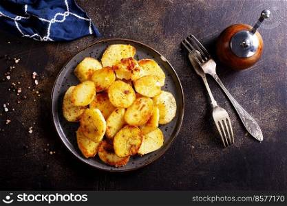 Fried Country-style Potato wedges and salt. fried potato