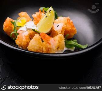 fried crispy shrimp on black plate