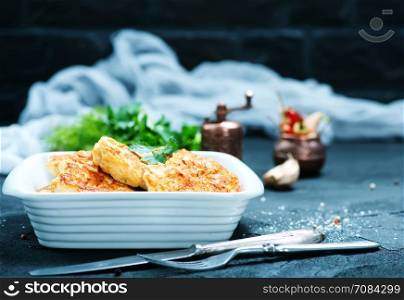 fried cutlets in bowl and on a table