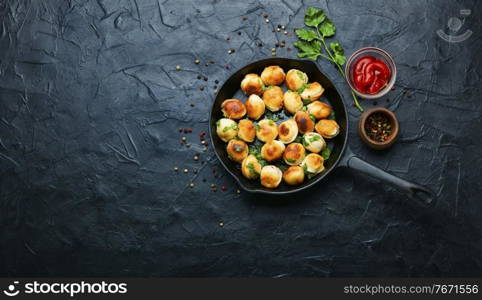 Fried dumplings stuffed with beef meat.Tasty roasted pelmeni on iron cast pan. Homemade meat dumplings or pelmeni