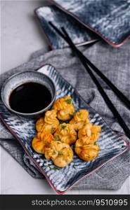 Fried dumplings with pork and herbs on plate with soy sauce