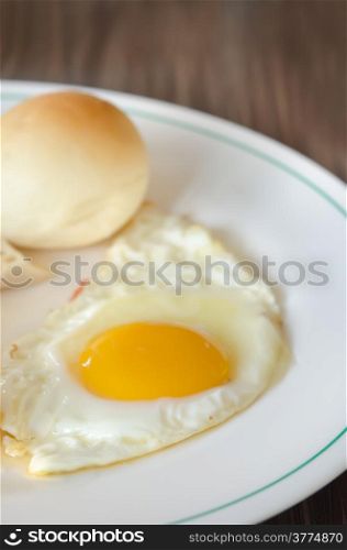 fried egg and bread on white dish. egg and bread
