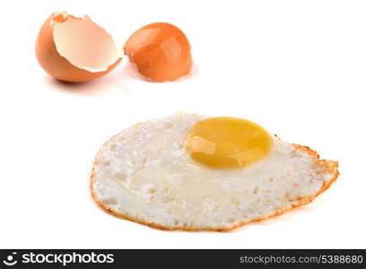 Fried egg and egg shell isolated on white