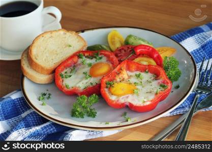 Fried egg in the ring of the bell peppers with herbs . Colorful healthy breakfast .. Fried egg in the ring of the bell peppers with herbs . Colorful healthy breakfast