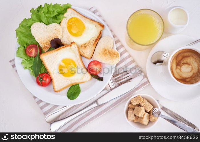 Fried Egg on Toast Bread and cup of fresh hot coffee on light grey background.. Fried Egg on Toast Bread and cup of fresh hot coffee on light grey background