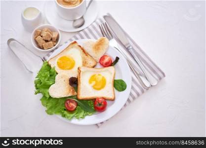 Fried Egg on Toast Bread and cup of fresh hot coffee on light grey background.. Fried Egg on Toast Bread and cup of fresh hot coffee on light grey background