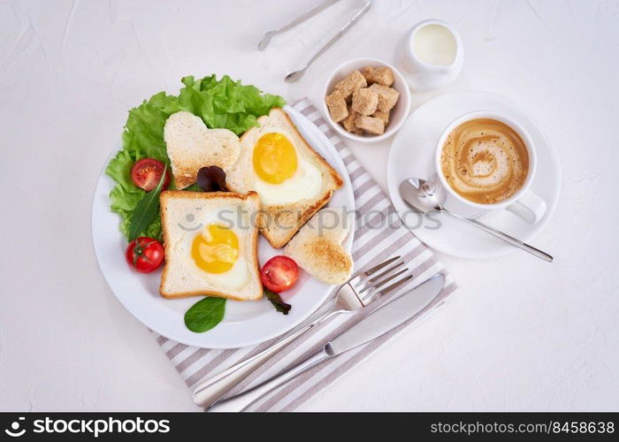 Fried Egg on Toast Bread and cup of fresh hot coffee on light grey background.. Fried Egg on Toast Bread and cup of fresh hot coffee on light grey background